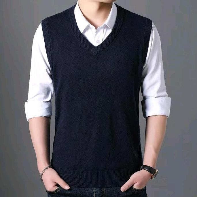 Evo - Premium Rompi Rajut Polos Grey Pria Dewasa Street Style | Vest Knit V Neck Pria/Wanita Atasan 