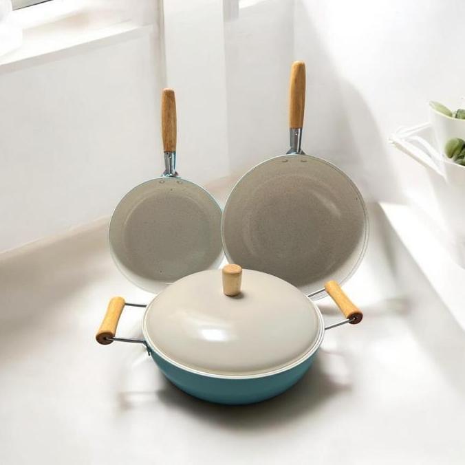 MELAKASA Paket Wajan Keramik Biru isi 3 pcs Panci Masak 3in1 3 in 1 Set Penggorengan Soup Sup Anti L