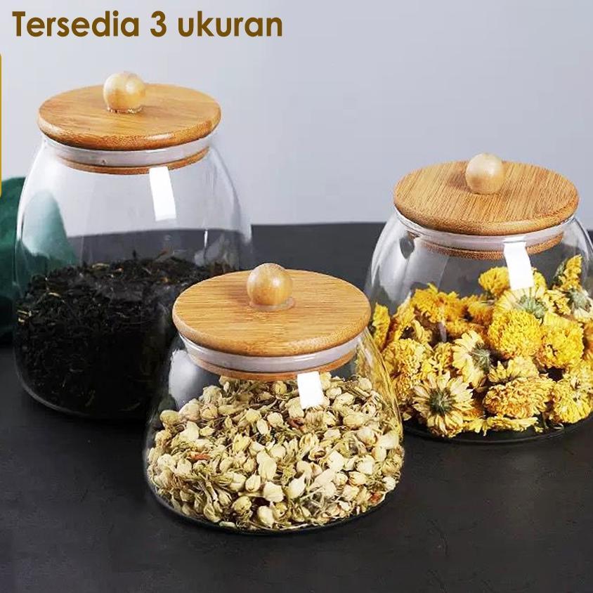 Toples Kaca Tutup Kayu Toples Makanan Toples Kue Stoples Kaca Tempat Makanan Kering Takumi