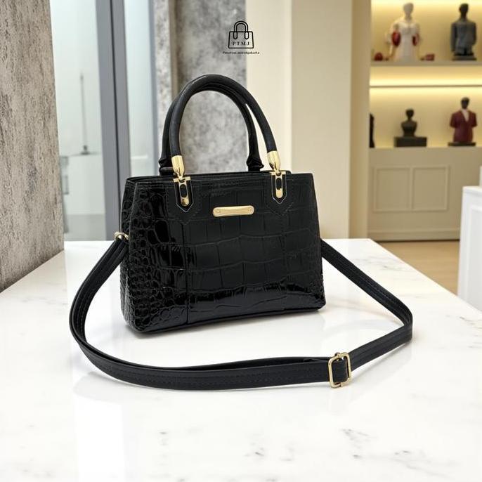 Handbag Wanita Tas Tangan Wanita Terbaru Croco Glossy Elegan Ptmj Dengan Desain Mewah Dan Tali Bahu 