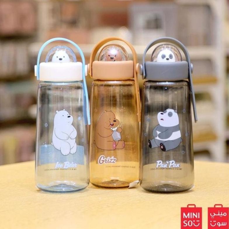 MINISO WE BARE BEARS COLLECTION PLASTIC COOL WATER BOTTLE WITH DECORATION / BOTOL MINUM WBB