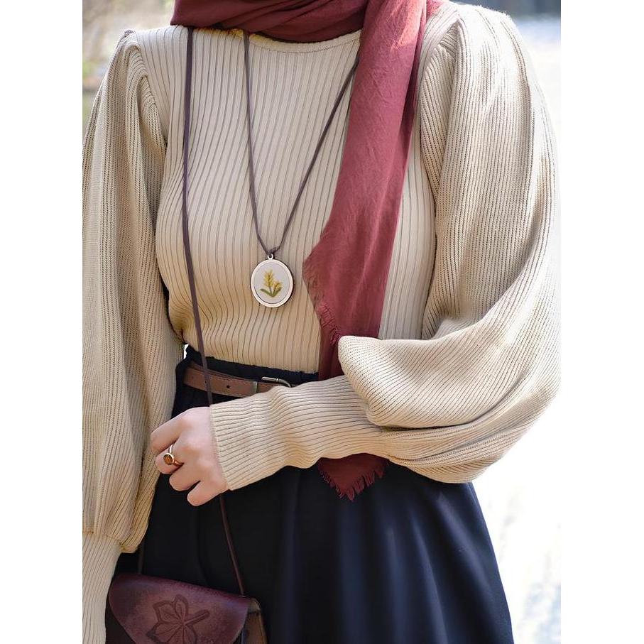 BLOUSE WANITA KNIT AQILA lengan balon bahu rempel Knitwear Baju Atasan