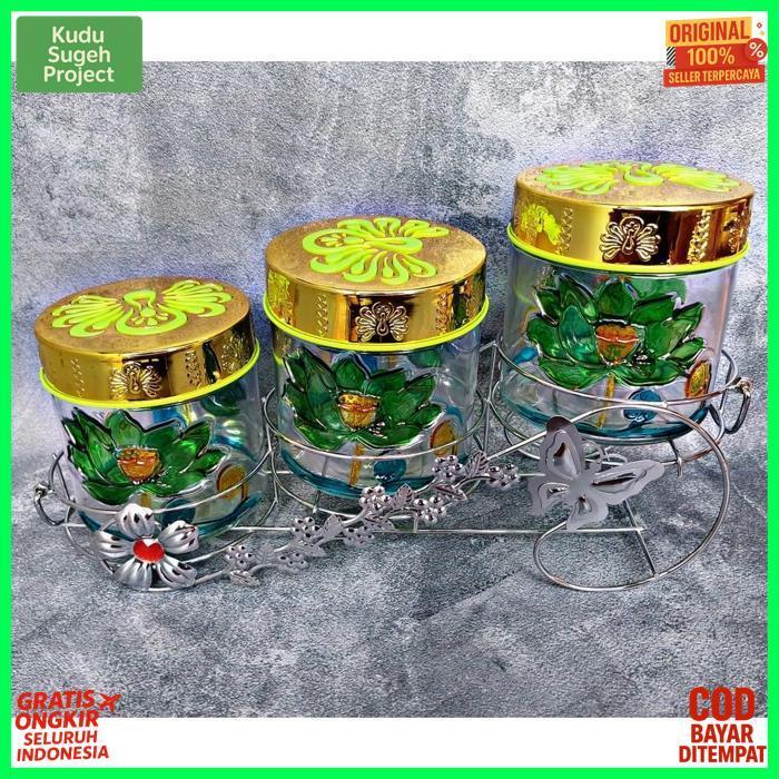 Quality {Cod} Toples Kue Cantik Set Isi 3 Kaca Bening + Keranjang Silver (Toples Lebaran)