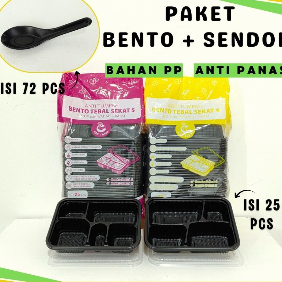 Paket Thinwall Bento Tupai Hitam Sekat 4, Sekat 5 + Sendok Thinwall Bento Hitam / Kotak Bekal Hitam 