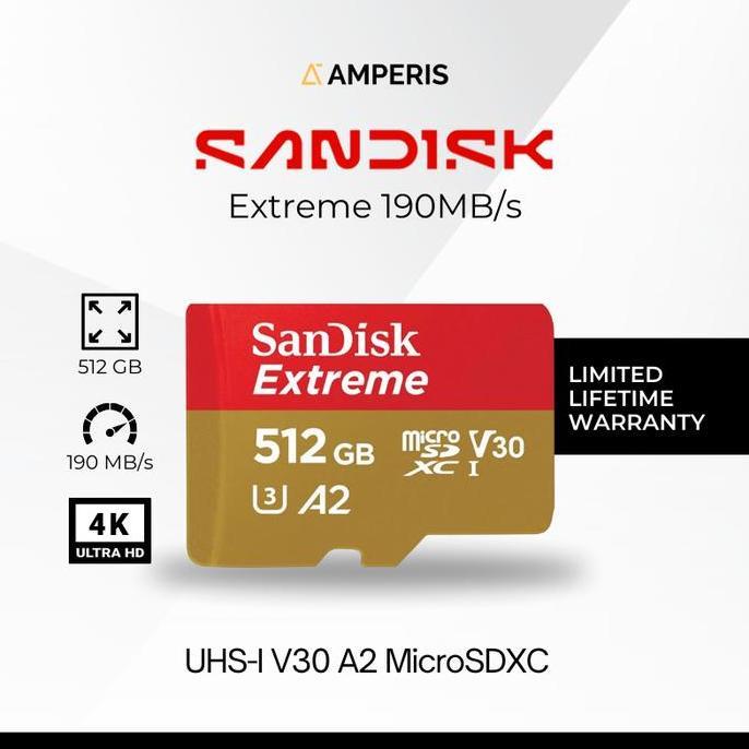 NEW SANDISK EXTREME MICROSDXC 512GB 190MB/S 4K UHS-1 C10 U3 V30 A2 FOR CCTV SMARTPHONE CAMERA ORI