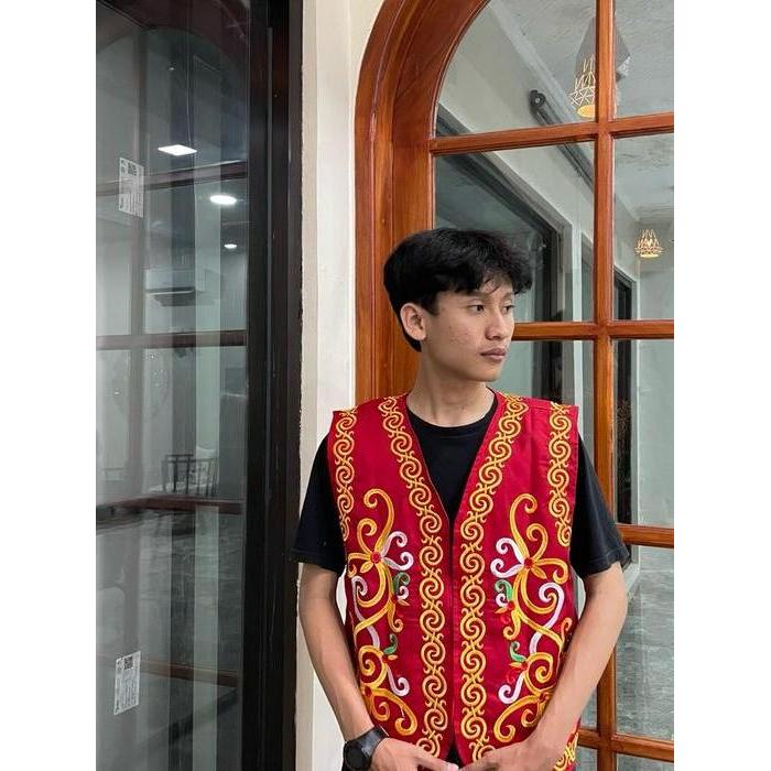 ROMPI DAYAK KALIMANTAN FULL BORDIR Pria Hitam Keren - S, Merah [terlaris]
