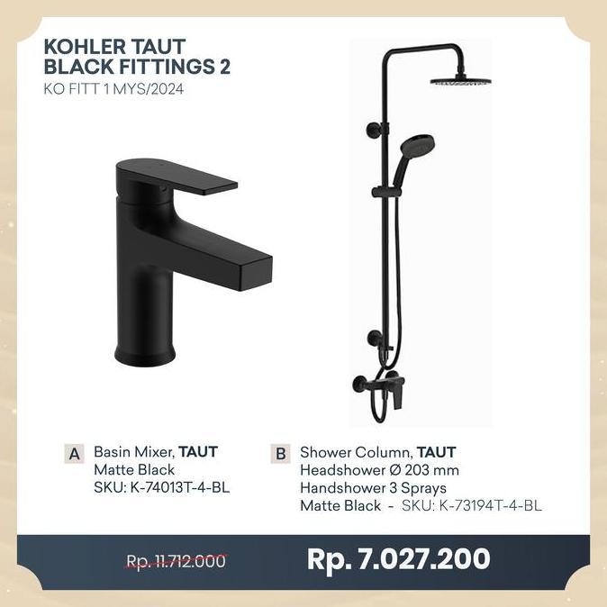 TERLARIS KOHLER SHOWER TAUT BLACK FITTINGS PACKAGE/ PAKET KOHLER SHOWER