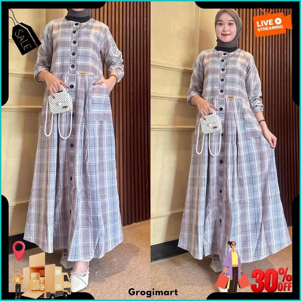 Gamis Casual Motif Kotak Full Kancing Murah Meriah