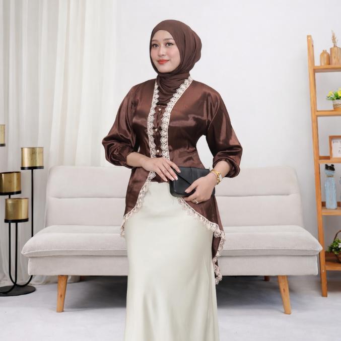 Termurah / Hot Sale Pola Wear Tunik Top Armani Slik Atasan Kombinasi Renda Elegant Kancing Mutiara H