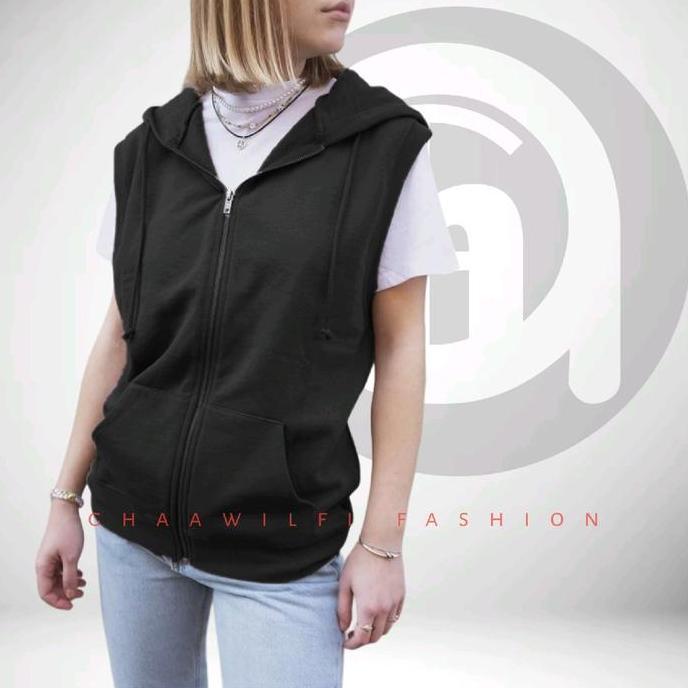 Lansungkirim- Ghaawilfi Zipper Hoodie Lekbong Sweater Tanpa Lengan Unisex Rompi Santai