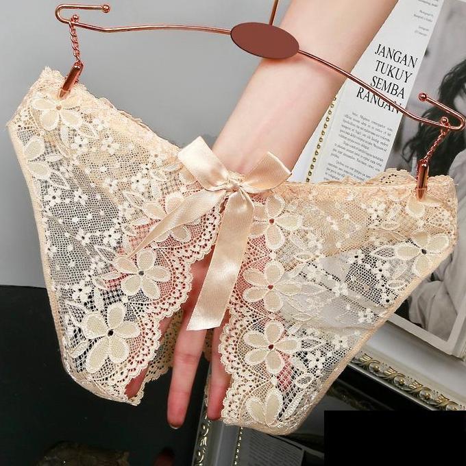 Wagee- Cd Wanita Seksi Renda Big Size Crotchless Motif Pita Hitam Katun Pendek Celana Ada Pant Rangk