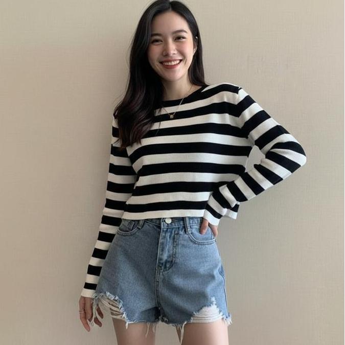 AJW [RK] Atasan Crop Rajut Lengan Panjang Premium Salur Garis Garis | Crop Top Lengan Panjang Rajut 