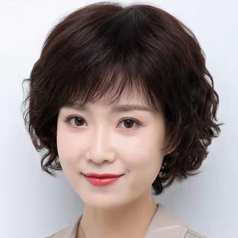 LvyStyle-Rambut Palsu Keriting Pendek Wig Wanita Full Kepala Wig Ibu Tua Medium Rambut Pendek Wanita