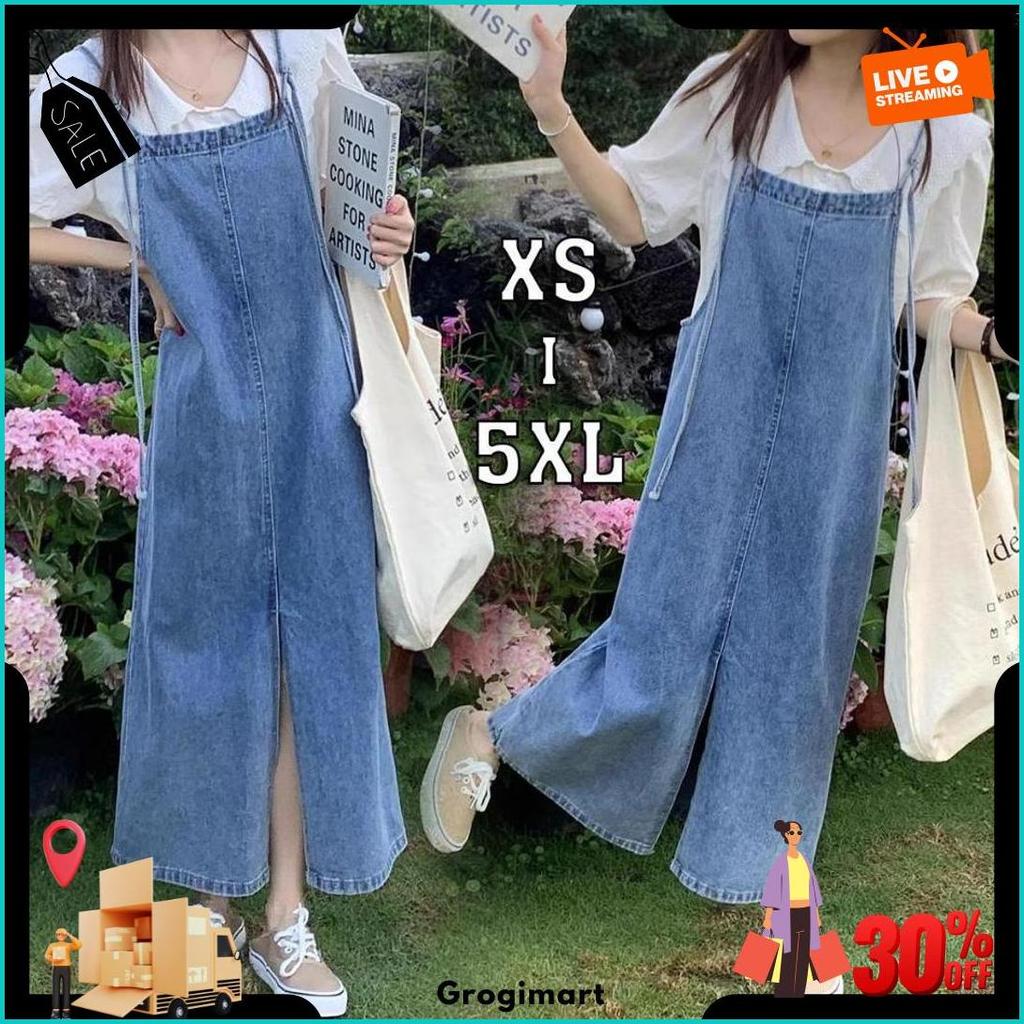 Overall Rok Jeans Panjang Modern Wanita Rok Denim Big Size Rok Fashion Cewek Overall Maxi Dress Jean
