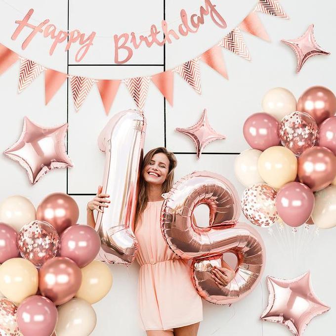 35 Pcs Balon Foil Bintang Mawar Merah Muda Emas Spanduk Set Untuk Dekorasi Pesta Ulang Tahun
