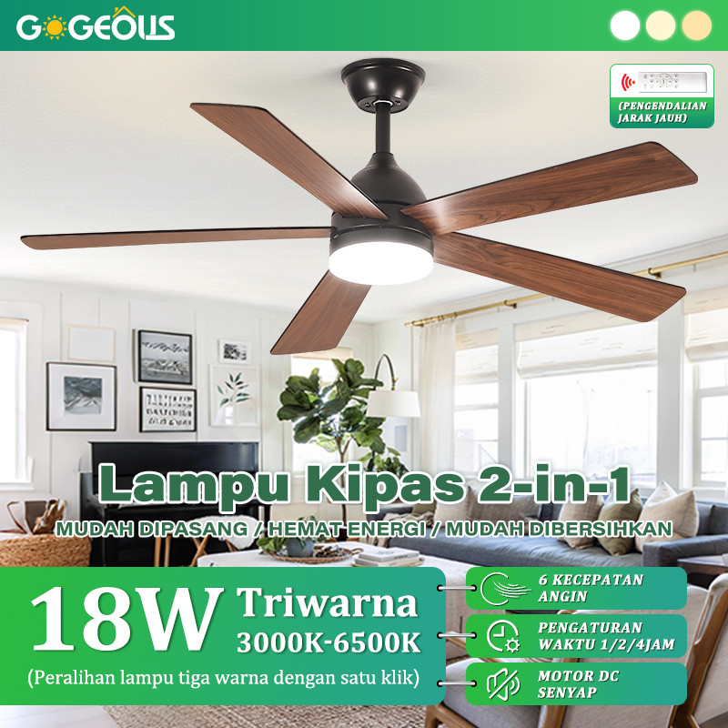 GOGEOUS Lampu Kipas Plafon 2-in-1 Remote Control 3 Warna 6 Kecepatan Motor DC Senyap Timer