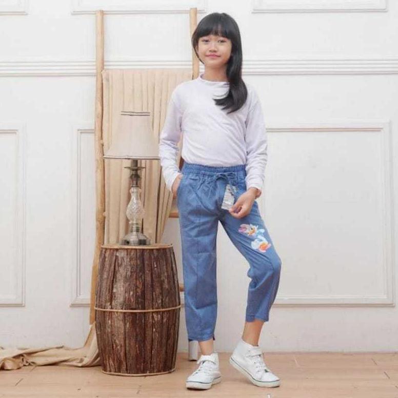 Terbaru Celana Anak Perempuan Kulot Denim Bahan Jeans Washed Warna Snow Blue Model Terbaru 2024 Untu