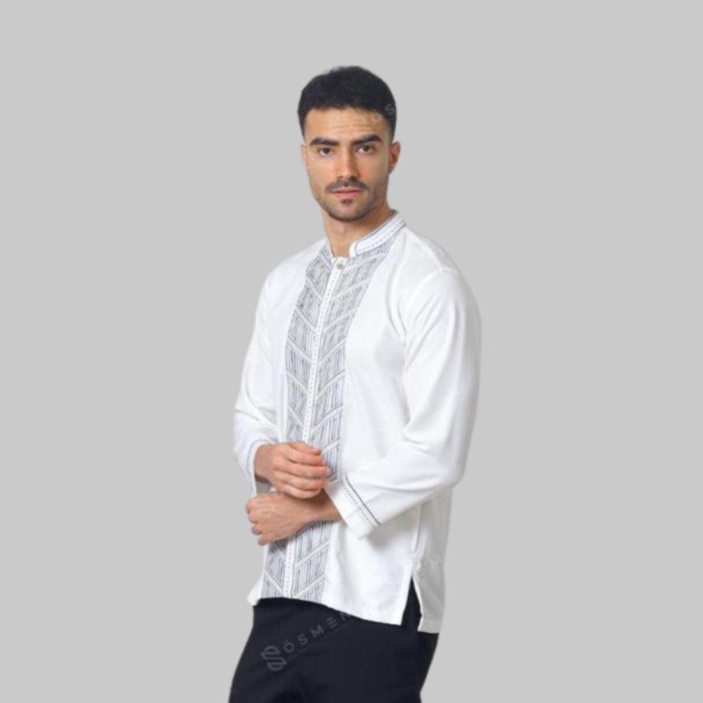 hot baju koko muslim bordir lengan panjang putih tulang bahan sutra kenzi jaguar