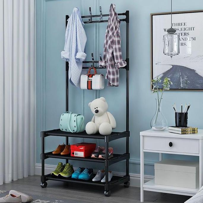 TERLARIS STAND HANGER RAK GANTUNGAN BAJU TAS BERDIRI RAK SEPATU 3 SUSUN JEMURAN RODA BESI STAINLESS 