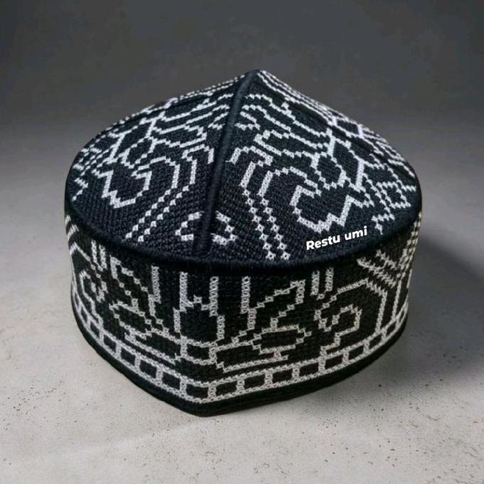peci kopiah songkok Pakistan ful bordir Pria Dewasa Motif Hitam Putih Muslim Katun Haji Santri Topi 