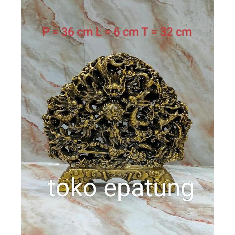 Pajangan Patung 9 Naga Kaisar Giok - Kuningan - T. 32 Cm
