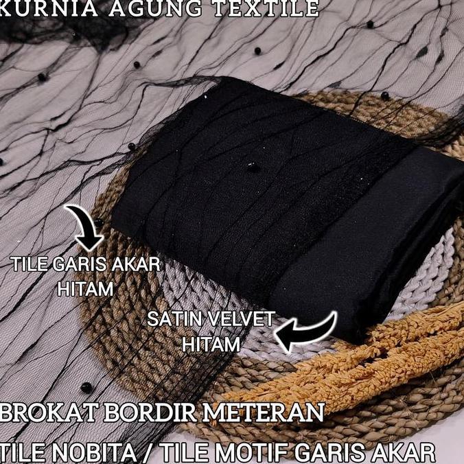 Kain Tile Mesh/ Tile Akar Mutiara/ Tile Nobita/ Brokat Salur Garis Akar warna BLACK / HITAM Meteran 
