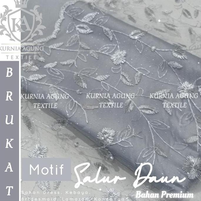 Kain Tille Brokat Korea Motif Ethnic Salur Daun Warna SILVER ABU Brukat TREND 2024 Bordir Mutiara & 