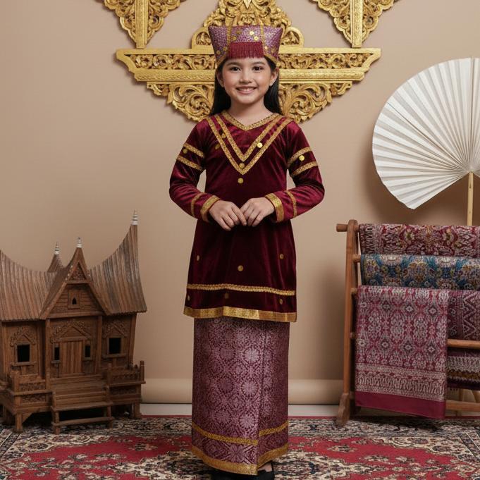 Diskon Setelan Baju Bludru Songket Adat Minang Anak / Kostum Anak Adat Padang Minang