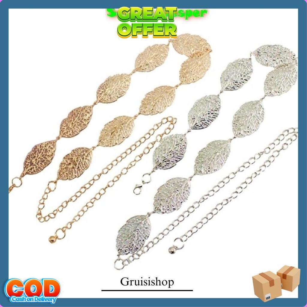 Sabuk Belt Daun Gesper Rantai Wanita Ikat Pinggang Rante Fashion Korea Cewek Obi Gold Aksesoris Mode