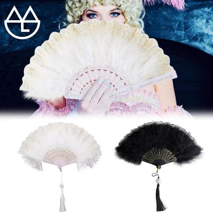 Gotik Kipas bulu Lolita klasik kipas lipat bulu Kipas tangan lipat renda Alat peraga foto dekorasi p