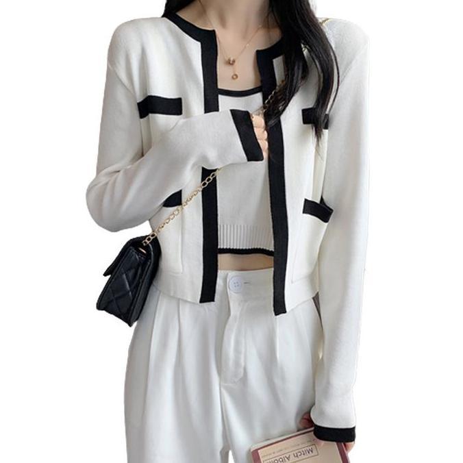CARDIGAN TANK TOP SET 2 PCS Knit WANITA Baju Hitam Putih Kombinasi Atasan Basic Setelan Outer Tankto