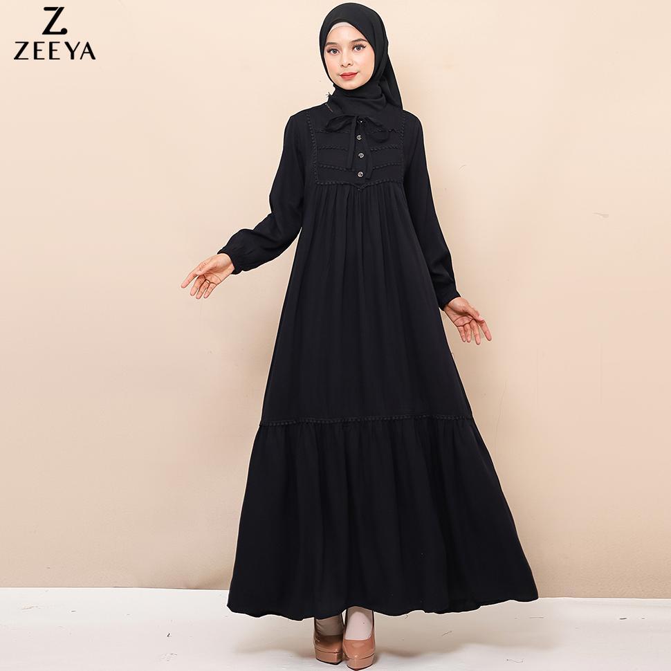 Zeeya Collection Zoya Gamis Dress Umroh Hitam Polos Rayon Twill Busui Friendly Size M L XL & JUMBO