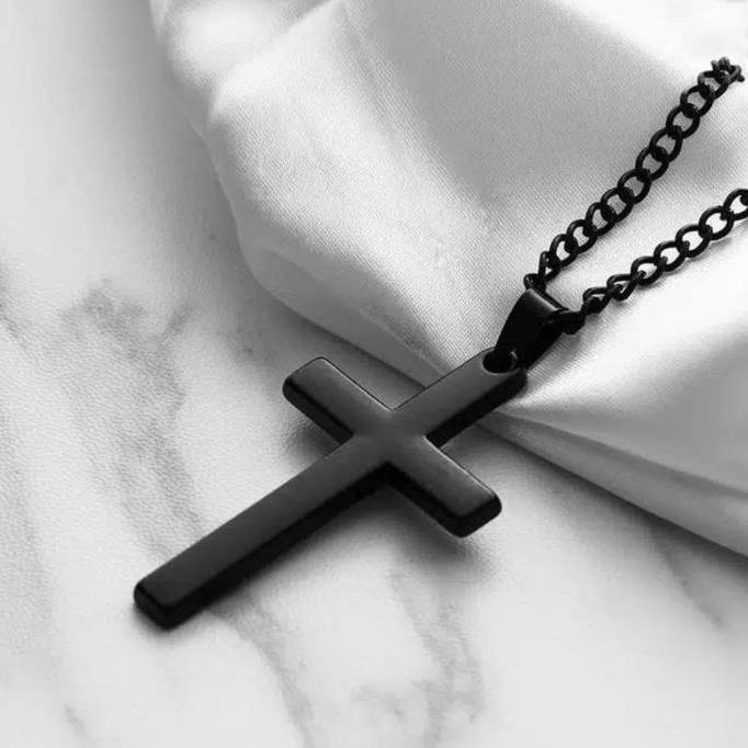 Youboy- Kalung Salib Pria Wanita Polos Warna Hitam Dan Silver Keren Good Quality - Men Women Jesus C