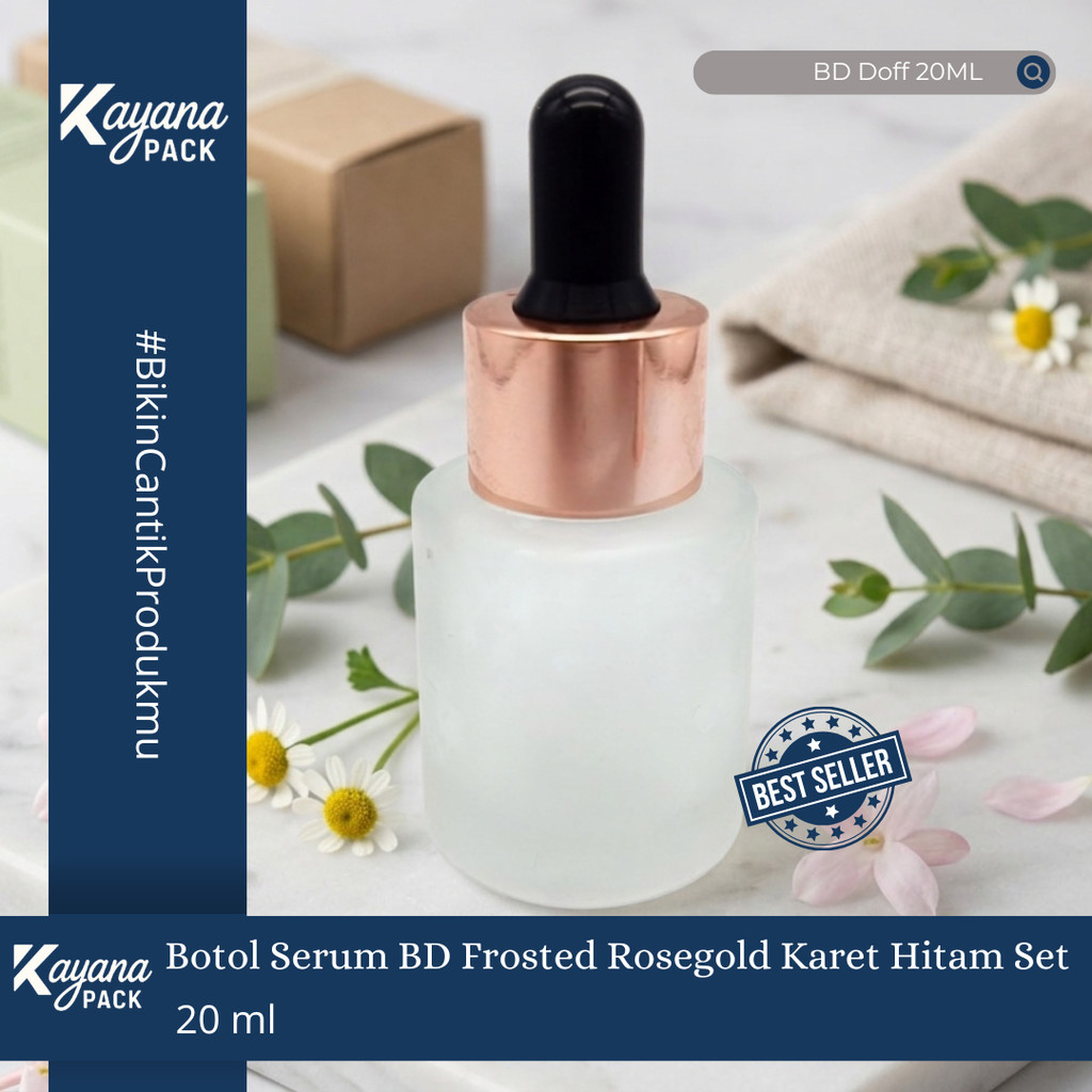 BOTOL PIPET SERUM KACA FROSTED DOFF 20ML RING ROSEGOLD KARET HITAM SET / BOTOL KACA DOFF 20 ML ROSEG