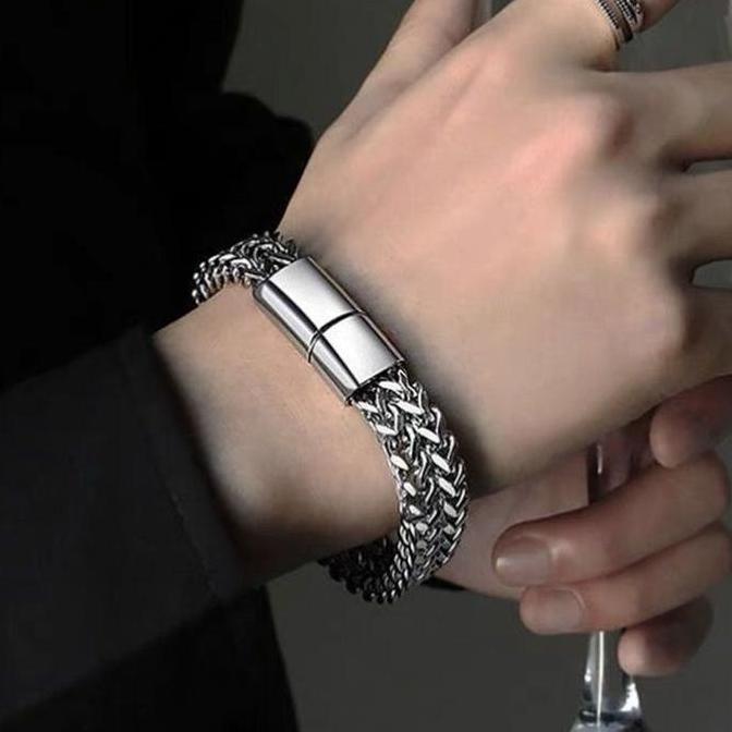 Youboy- Gelang Rantai Dua Lapis Premium Stainless Steel Hitam Silver Kuncian Magnet / Double Chain M