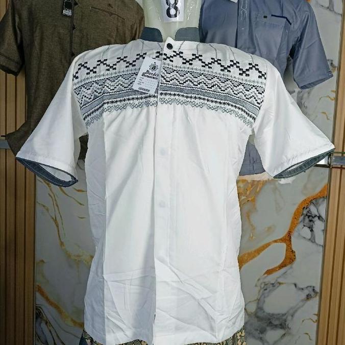 DF281 >> kemeja koko (kemko) bordir dada lengan pendek barbis warna putih  Katun Motif Mewah Lembut