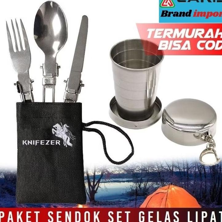 Paket Knifezer Sendok Garpu Pisau Lipat Gelas Set Portable Stainless Steel Camping Outdoor Travel
