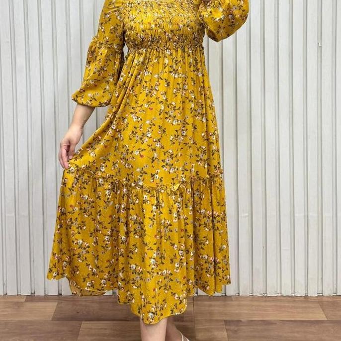 BEST SELLER  Dress Sabrina Rayon Twill Jumbo Smoke Kekinian Dress Wanita Termurah Midi Dress Masa Ki