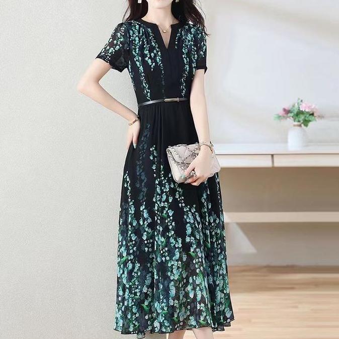 DISKON panjang dress kondangan premium dres sifon motif bunga dress flora hitam  modern terbaru eleg