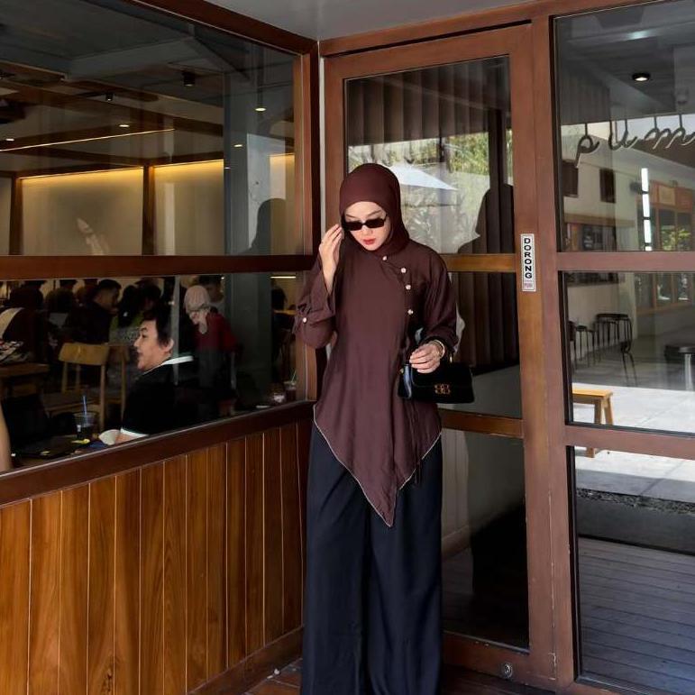 HOT PRODUCT POLA WEAR TUNIK WANITA LINEN KANCING SIDE BOTTOM LONG ASIMETRIS  ARUNA