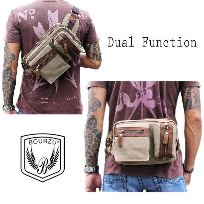 Tas Selempang Pria Tas Pinggang Sling Bag Crossbody Selempang Kanvas Kulit Travel Bourzu