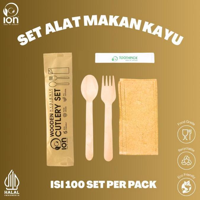 Set Wooden Cutlery (Sendok + Garpu + Tissue) / Cutlery kayu - GROSIR TS