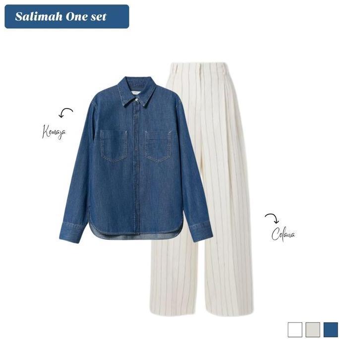 TERPOPULER Salimah One Set 3in1 ( Atasan Kemeja Denim jeans Soft dan celana Kulot  Loose Pants  Stri