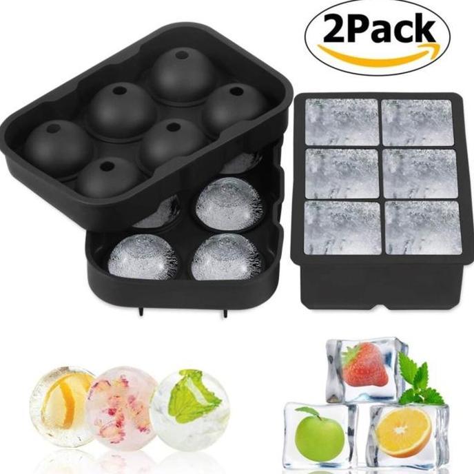 Pembuat Bola Es Kotak Ice Ball Cubic Maker Bahan Silikon 2 Cetakan Es / Pencetak Es Batu Bulat Ice B