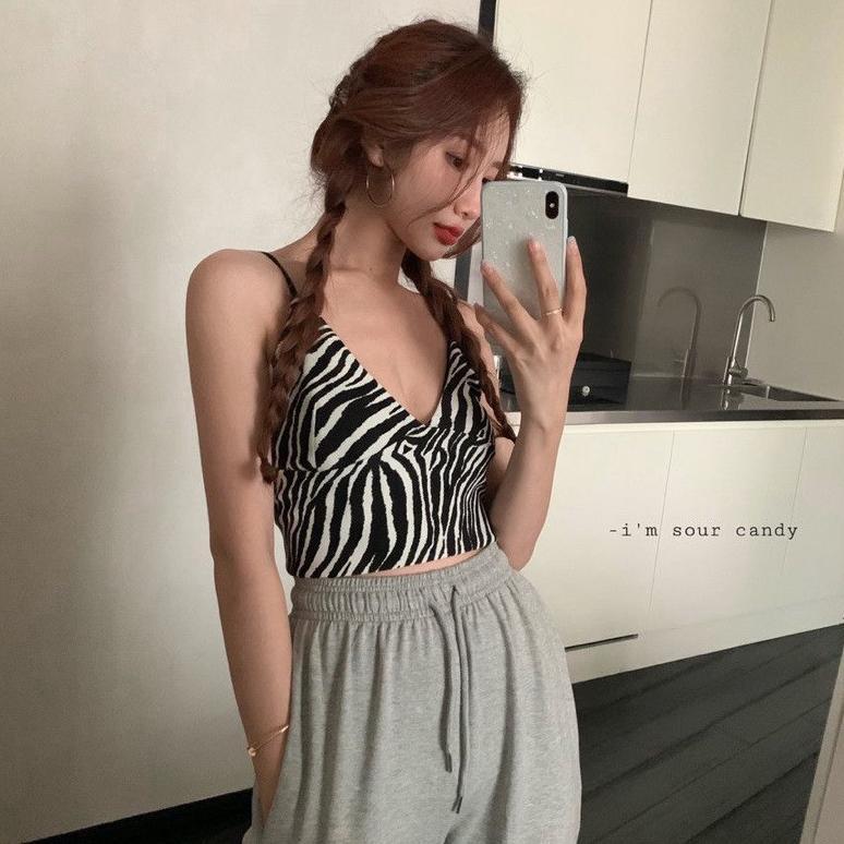 cod- Tank Top Crop Wanita Motif garis Tanktop Korean Printed Zebra Fashion