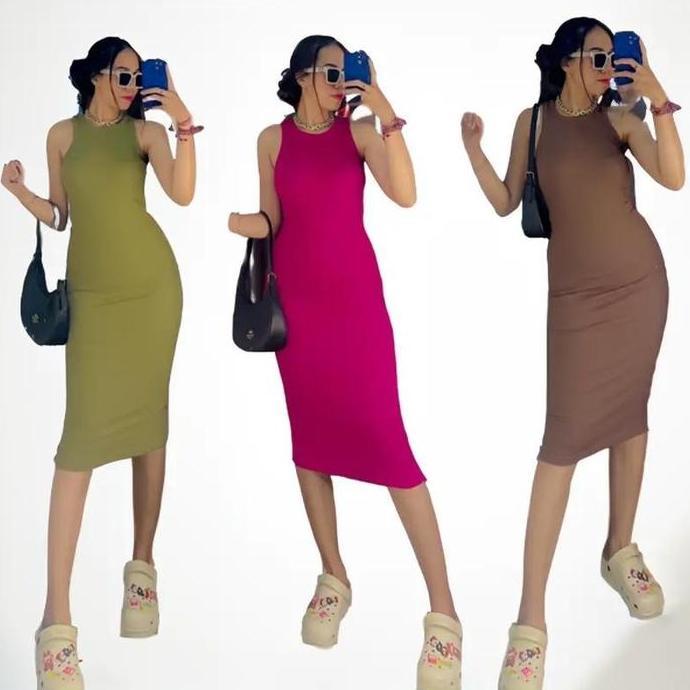 YUK CHECKOUT  Via Long Dress Slim Rib Body Suit Boat Neck Panjang Casual Wanita - Gaun Santai Coklat