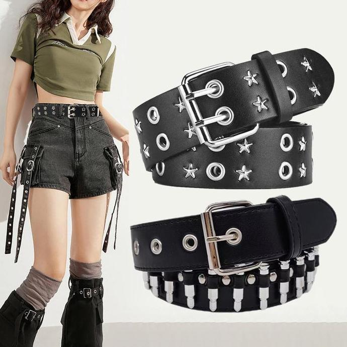 GIYANYAR Fashion Wanita Kulit Punk Belt Berongga Rivet Merek Mewah Belt Kepribadian Rock Liar 120CM 