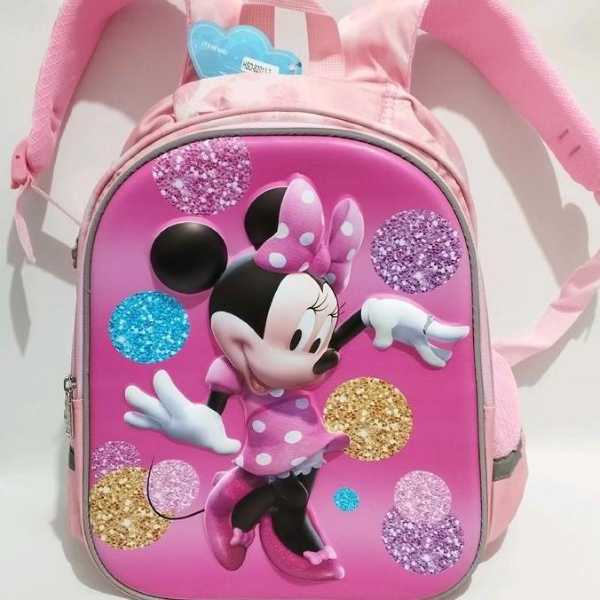 Tas Sekolah Anak Perempuan TK 13 Inch Motif Minnie Mouse HSD Timbul 3 Dimensi Ransel Cantik