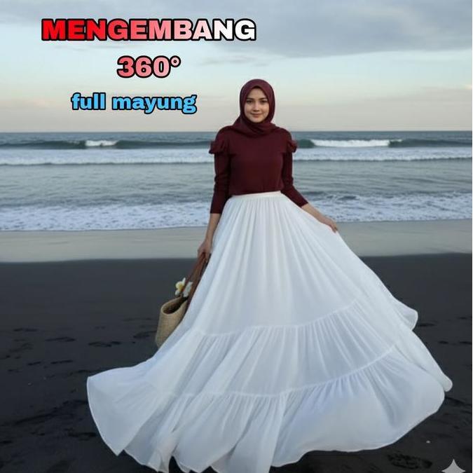 NIKMATI PRODUK INI ROK PANTAI LEBAR 10-11meter POLA LINGKAR PENUH ROK SUSUN 3 ROK WANITA REMPEL BAWA