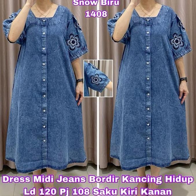 SALE 1408 DRESS JEANS KANCING LENGAN BORDIR BUNGA LD120 WANITA|MIDI DRESS SALE